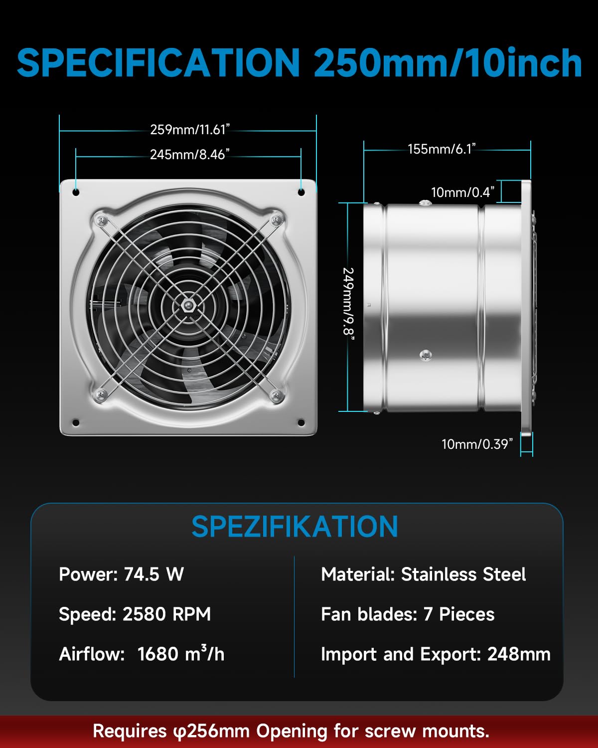 Hon&Guan Extracteur d’air 250 mm, 1680 m³/h, Industriel Extracteur de Fumée avec Clapet Anti-retour, Ventilateur Mural d’Évacuation Hygroréglableet avec Prise EU pour Garage Atelier Entrepôt (Argent)
