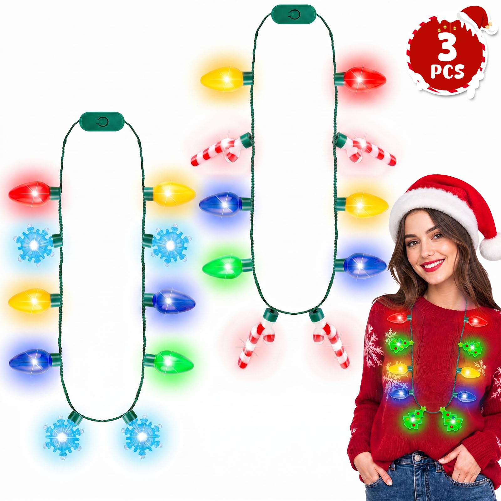 Lovestown 3PCS Christmas Light Up Necklaces, LED Holiday Party Necklaces