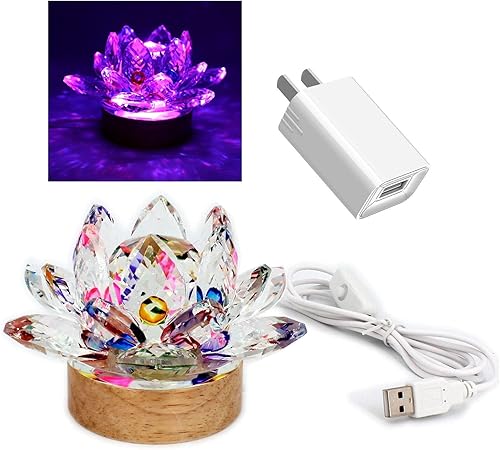 Luz de noche de flor de loto de cristal pequeña de color - Base de luz LED de madera Interfaz USB Luz de siete colores 5V1A cargador para regalos de