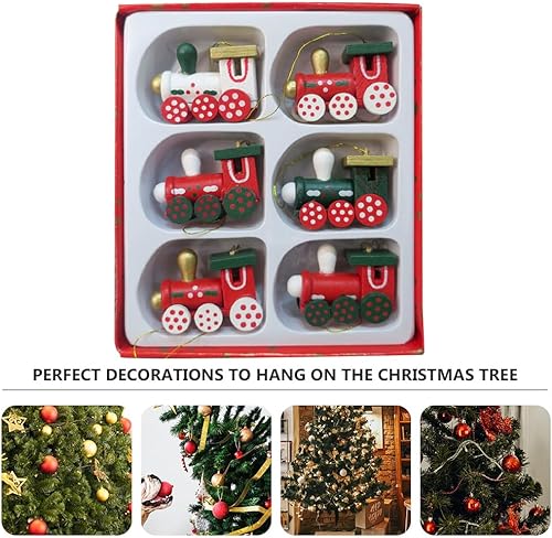 Miniatura 9 de Kisangel Juego de tren de Navidad de madera para decoración de árbol de Navidad, mini tren, decoraciones para colgar en fiestas de Navidad, 12 piezas