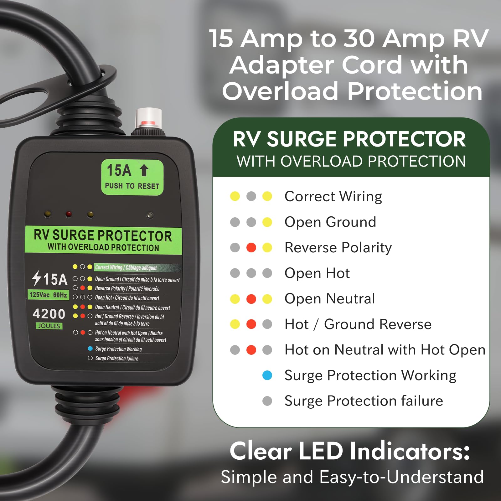 Surge Protector 15 Amp to 30 Amp 110V RV Adapter Cord with Overload Protection, 4200 Joules, LED Indicator Light, NEMA 5-15P to NEMA TT-30R, RV Circuit Analyzer, ETL Listed, Electrical Power Adapter — view 2