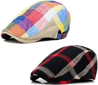 2 Pack Mens Plaid Cotton Flat Newsboy Ivy Cabbie Golf Gatsby Cap Hat