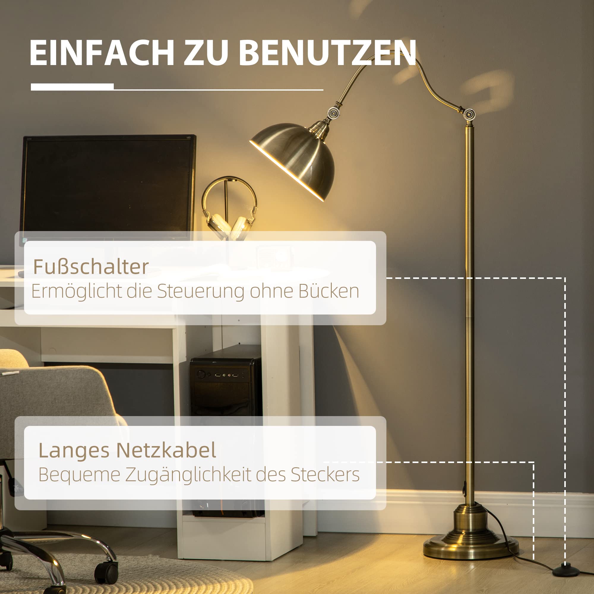 HOMCOM Stehlampe, Stehleuchte mit verstellbarem Lampenschirm, 40 W, Bogenlampe mit E27 Fassung im Retro-Design für Wohnzimmer Schlafzimmer, exkl. Glühbirne, Bronze