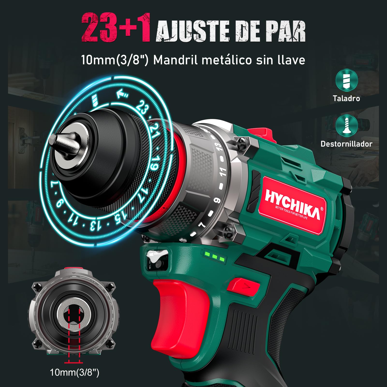 HYCHIKA Taladro atornillador batería, motor sin escobillas, 45Nm Máx, con 23+1 de par de giro, 2 velocidades, 1500mAh 53 accesorios Adecuado para atornillar, taladrar en madera, plástico, metal