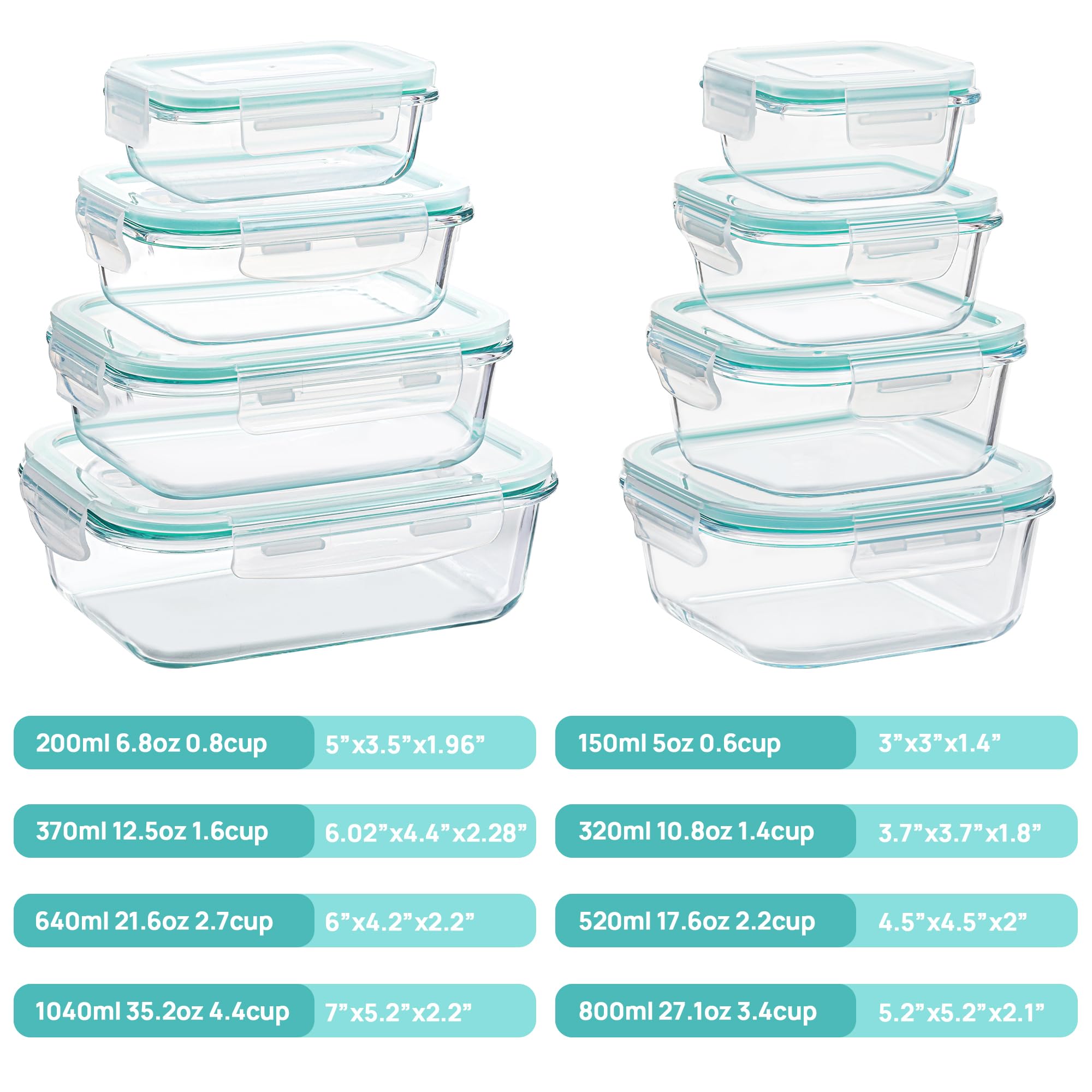 Vtopmart Set de 8 Unidades Recipientes de Cristal para Alimentos, Recipientes de Vidrio Hermeticos con Tapa, Reutilizables, Apilables, Apto Lavavajillas y Microondas,Libre de BPA — view 2