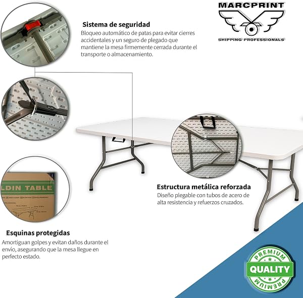 MARCPRINT - Mesa Plegable 180 x 70 cm Interior y Exterior, Carga 150 kg Asa de Transporte Plegado por la Mitad Patas de Acero Altura 74 cm para Camping, Eventos, Comedor, Resina HDPE Color Blanco - 4
