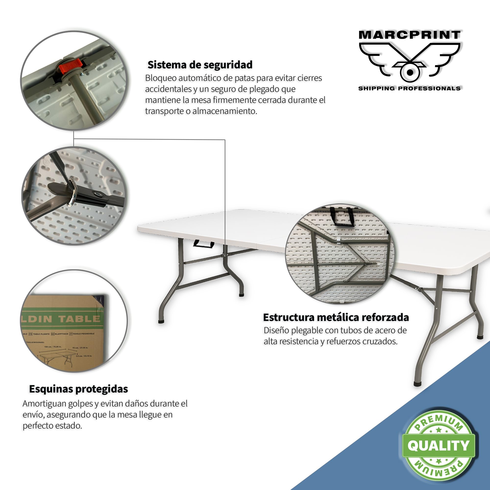 MARCPRINT - Mesa Plegable 180 x 70 cm Interior y Exterior, Carga 150 kg Asa de Transporte Plegado por la Mitad Patas de Acero Altura 74 cm para Camping, Eventos, Comedor, Resina HDPE Color Blanco — view 4
