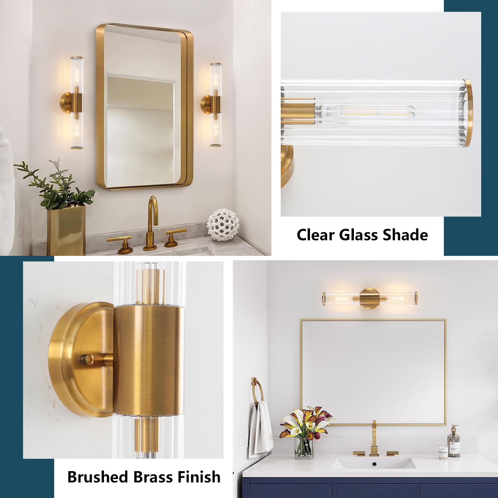 KUZZULL Wall Sconces Set of Two Brushed Gold Wall Mounted Lamp Indoor Sconces Wall Lighting with Stripped Glass Shade Modern Wall Light Fixtures Bathroom Sconces Wall Decor Set of 2