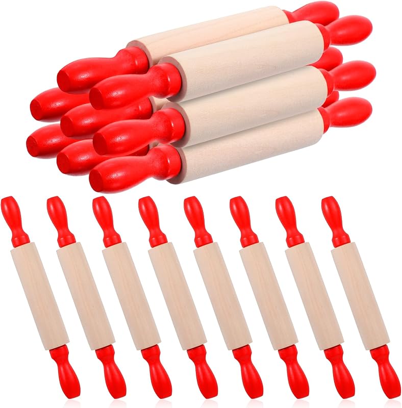 16 Pcs Mini Rolling Pin, 8 Inch Wood Dough Roller for Baking with Red Handle, Small Clay Rolling Pin for Craft Fondant Pastry Pizza Crafting and Imaginative Play