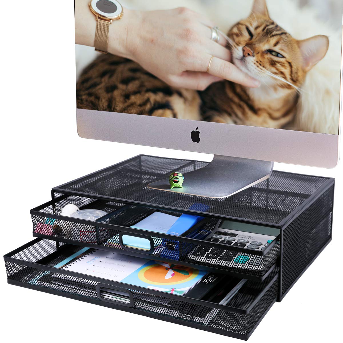 Monitor Stand Riser with Drawer - Metal Mesh Desk Organizer with Dual Pull Out Storage Drawer,Office Supply for Computer, PC, Laptop, Printer, Notebook, iMac (Black)