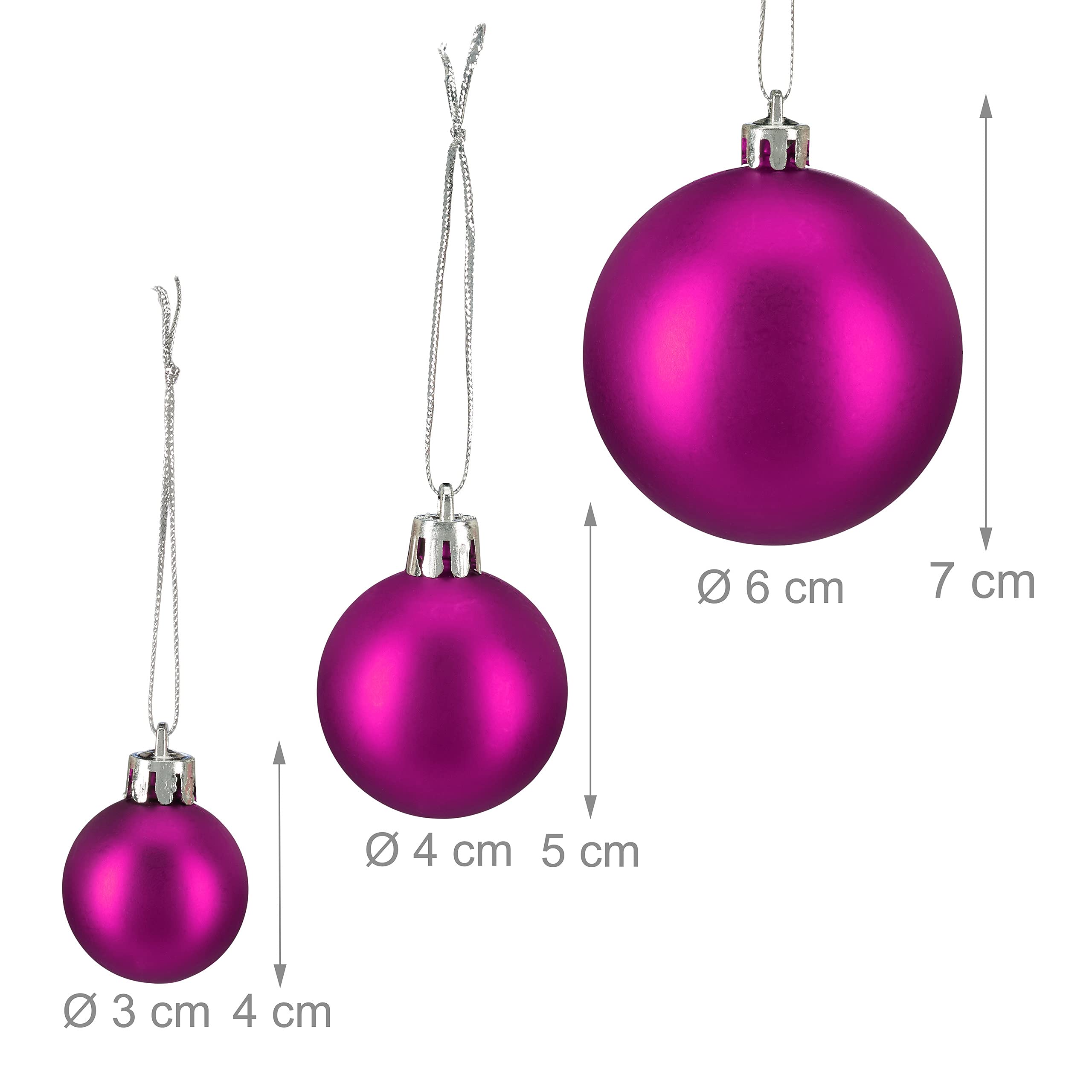 Relaxdays Palline di Natale, Set da 100, Addobbi Natalizi, Opache, Lucide, Glitterate, ∅ 3,4 e 6 cm, Decorazioni, Fucsia