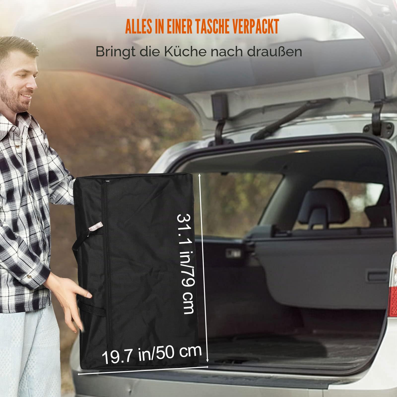 VEVOR Campingküche Outdoor Faltbar 78 x 49 x 13 cm, Alu Campingschrank, Camping Küche mit Windschutz, Campingmöbel Reiseküche inkl. Haken & Lampenmast 66-121 cm, Küchenschrank Campingtisch Reisen