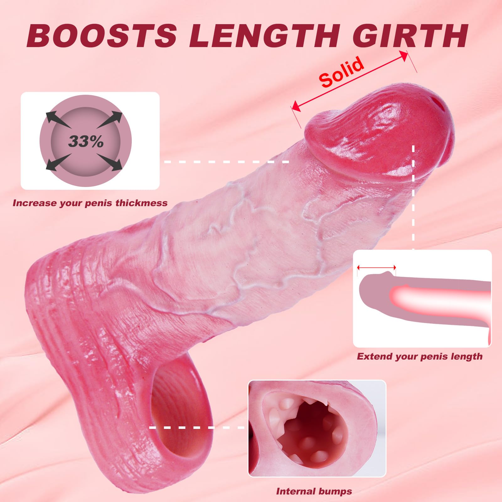 Set di 2 copripene e anelli in silicone realistici, S/L, per rapporti più duraturi e intensi, con glande rosso e vene realistiche, prolunga pene, giocattolo adulto per uomini e coppie