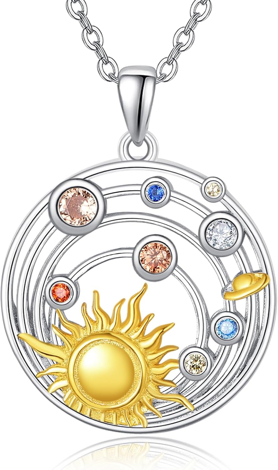 TANGPOET Solar System Necklace for Women 925 Sterling Silver Galaxy Planet Necklaces Sun Moon Saturn Pendant CZ Gemstone Jewelry Gifts for Astronaut