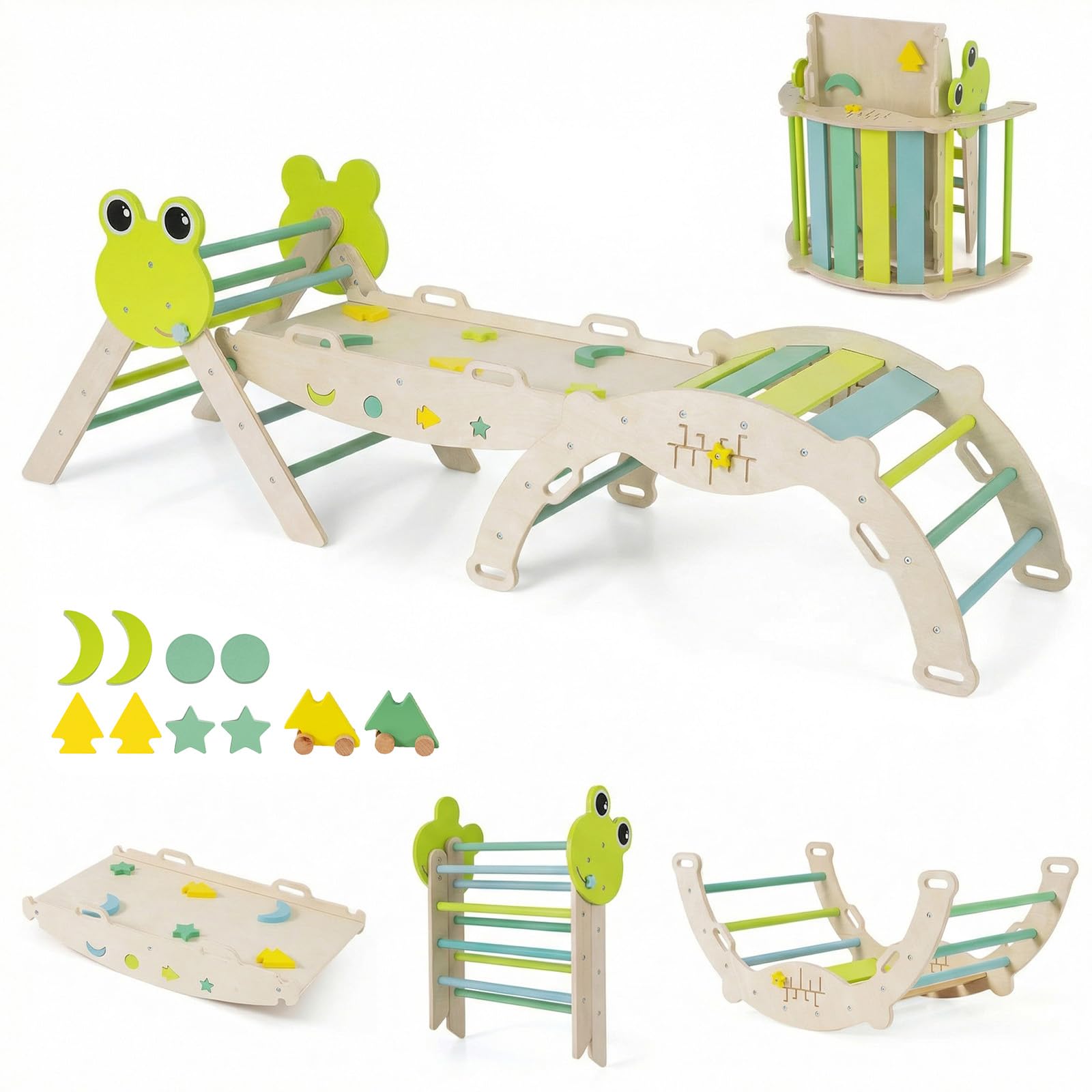RELAX4LIFE Set da Arrampicata per Bambini, Triangolo di Arrampicata con Scivolo e Arco, Gioco di Incastri in Legno, Gioco Montessori per Bambini 1+ Anni (Rana-3 Pezzi | Verde)