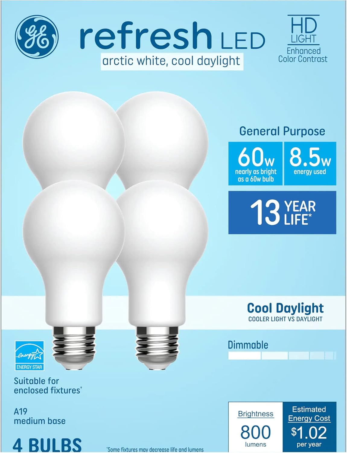 GE Refresh 60-Watt EQ A19 Daylight Dimmable LED Light Bulb (4-Pack)