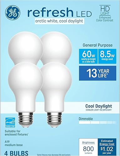 GE Refresh - Bombilla LED regulable EQ A19 de 60 vatios (paquete de 4)