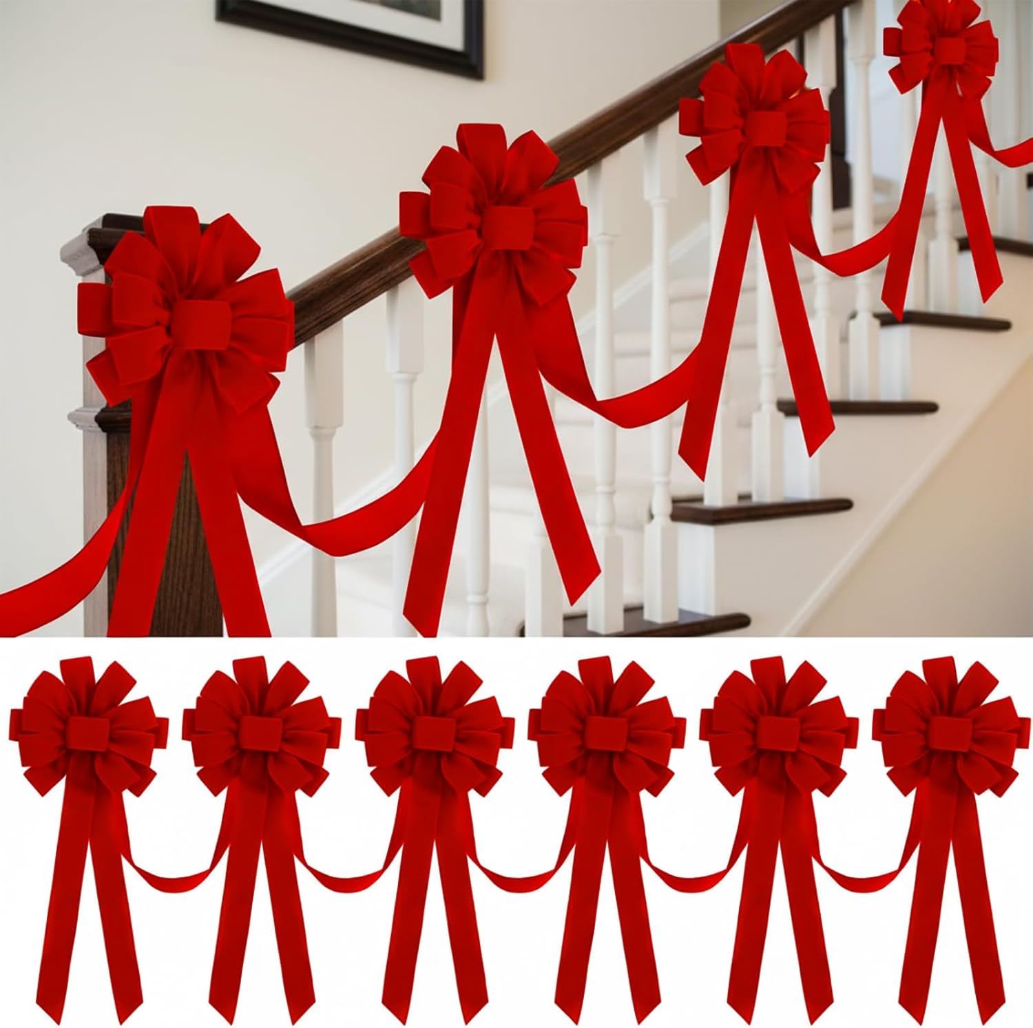 14 ft Christmas Bows Garland for Stairs Decoration Xmas Fence Outdoor Decor 6 Pcs 24 x 12 Inch Large Christmas Velvet Bows for Xmas Party Indoor Outdoor Fireplace Mantle Supplies (Red)