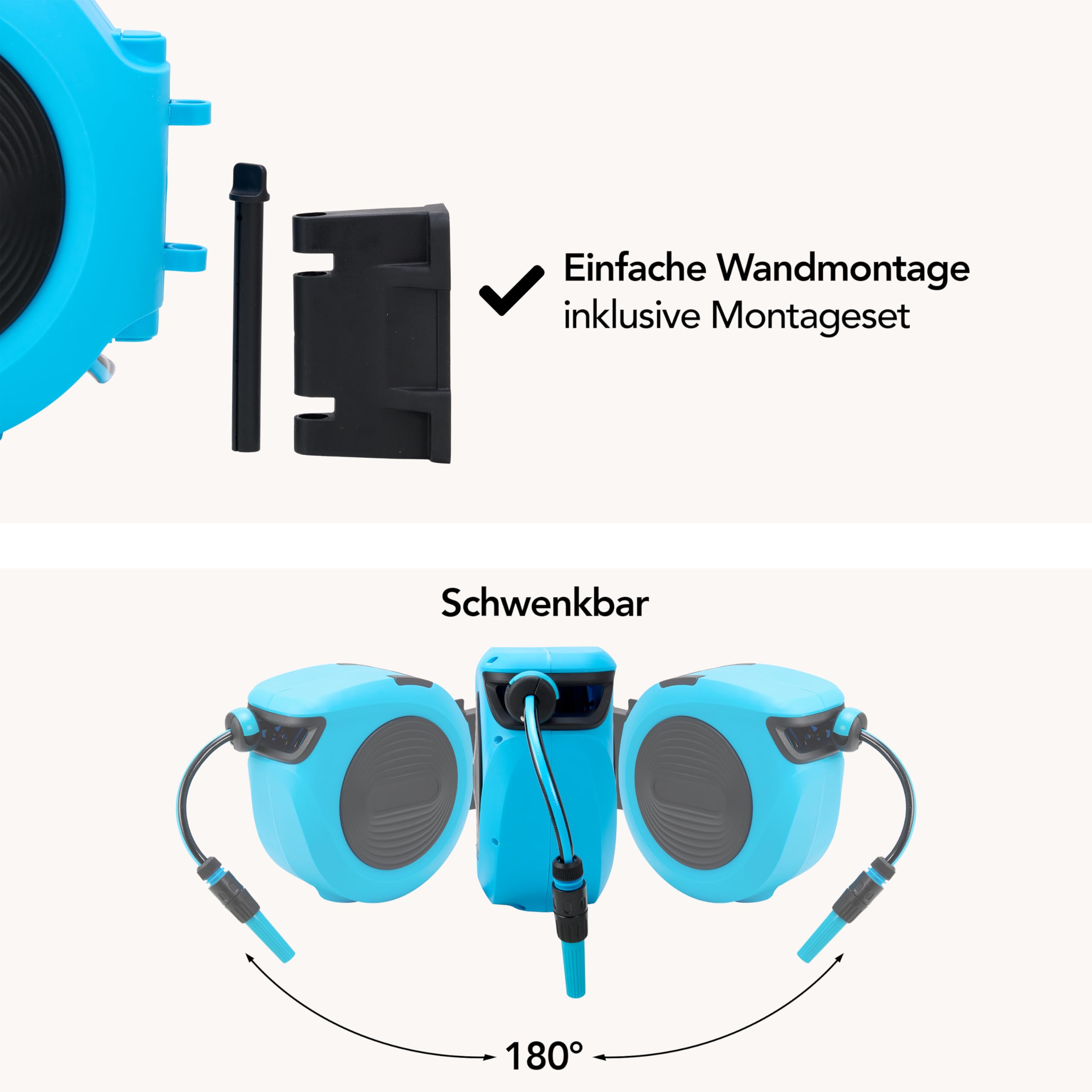 Brixy Schlauchbox – 20 Meter – Schlauchhalter – Gartenschlauch mit Aufroller – 180° drehbar – automatisch – Schlauchaufroller