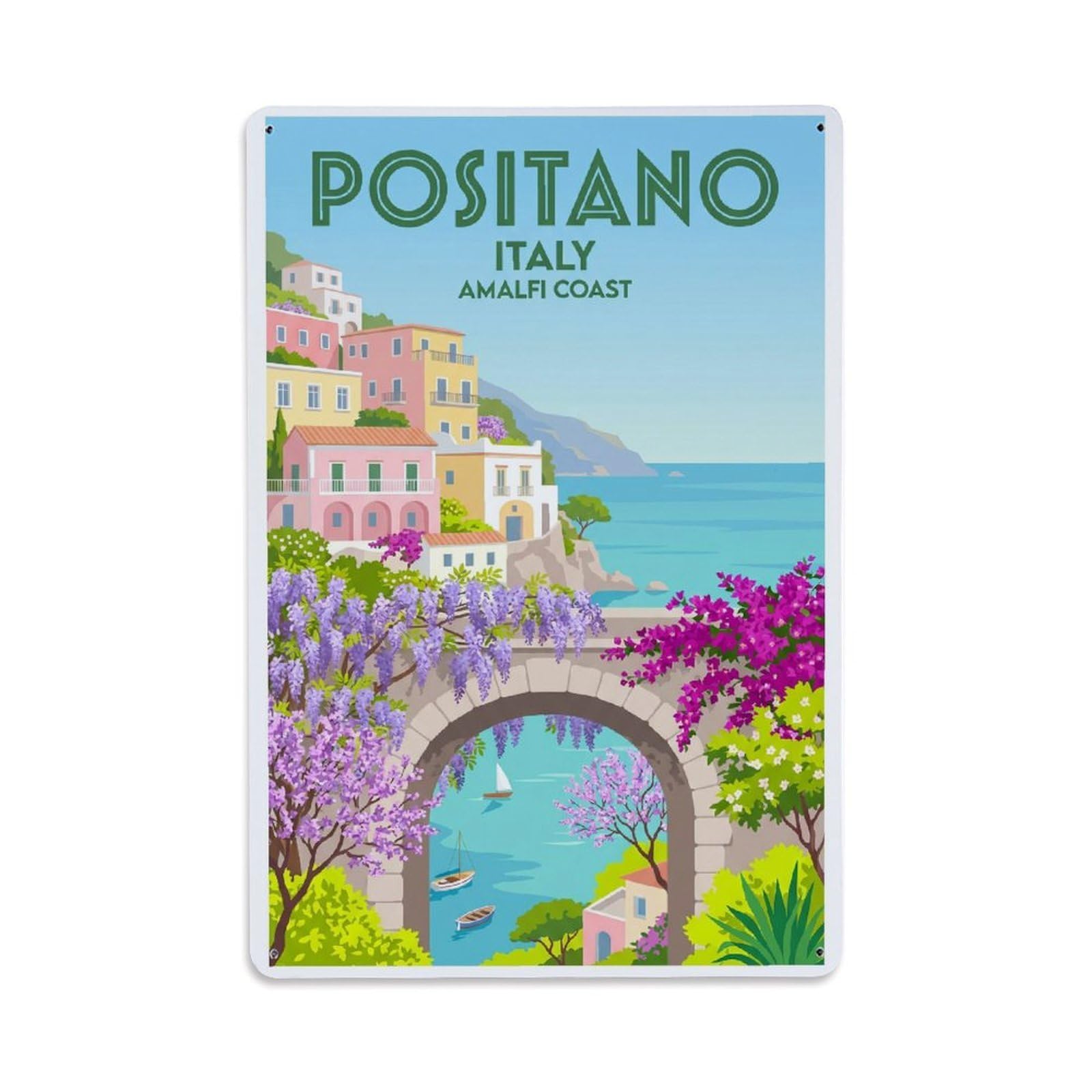 Vintage Travel Positano Italy Springtime Metal Tin Sign Plaque Wall Decor for Cafe, Club Bar, Office, Garden Metal Poster 8x12Inch