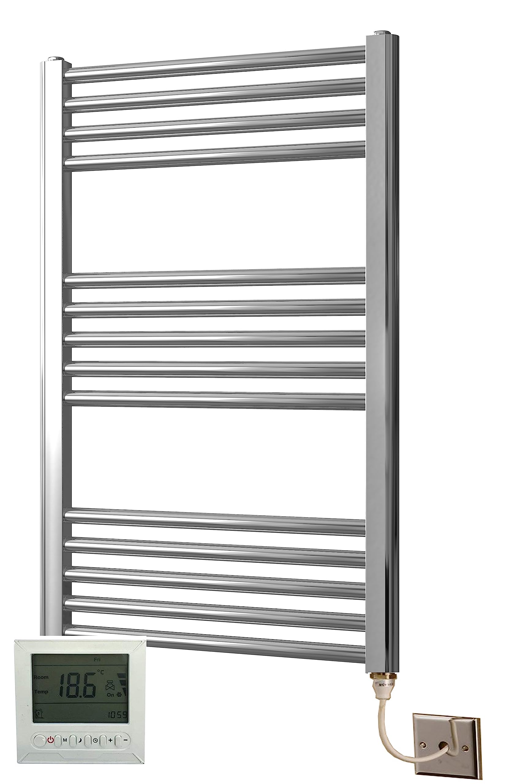 Greened House Chrome Extra High Heat Output Electric Flat Towel Rail 500 X 800Mm Bathroom Radiator Heater Up To 26% More Heat Output + Timer And Thermostat