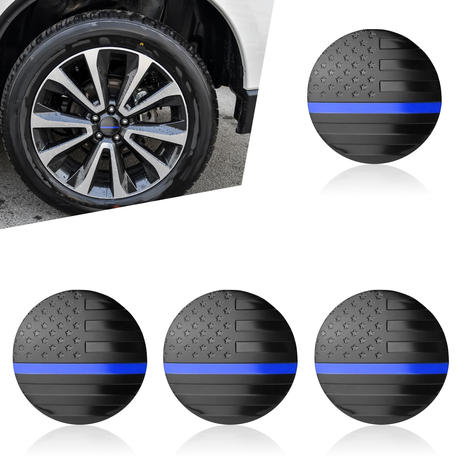 4 PCS Car Wheel Center Cap Stickers, American Flag Wheel Hub Center Cap Car Decoration Accessories, Personalized Waterproof and Rust-Proof Hubcap Decals, Universal for Most Cars (Blue)