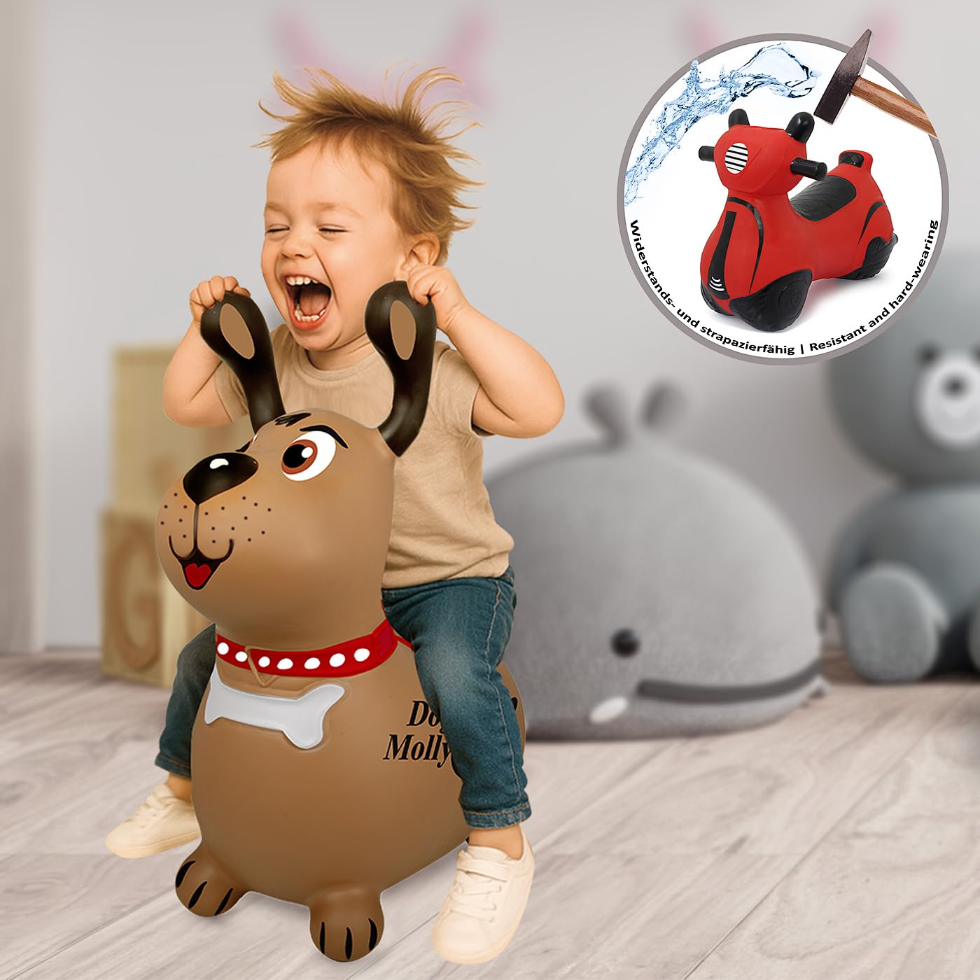 JAMARA 466005 Hüpftier Dog Molly HoppyDoo - Spielzeug für Kinder, Hüpftier Baby Indoor Outdoor, Geschenk für Kinder, Gartenspielzeug, Pflegeleicht, BPA frei, mit Pumpe