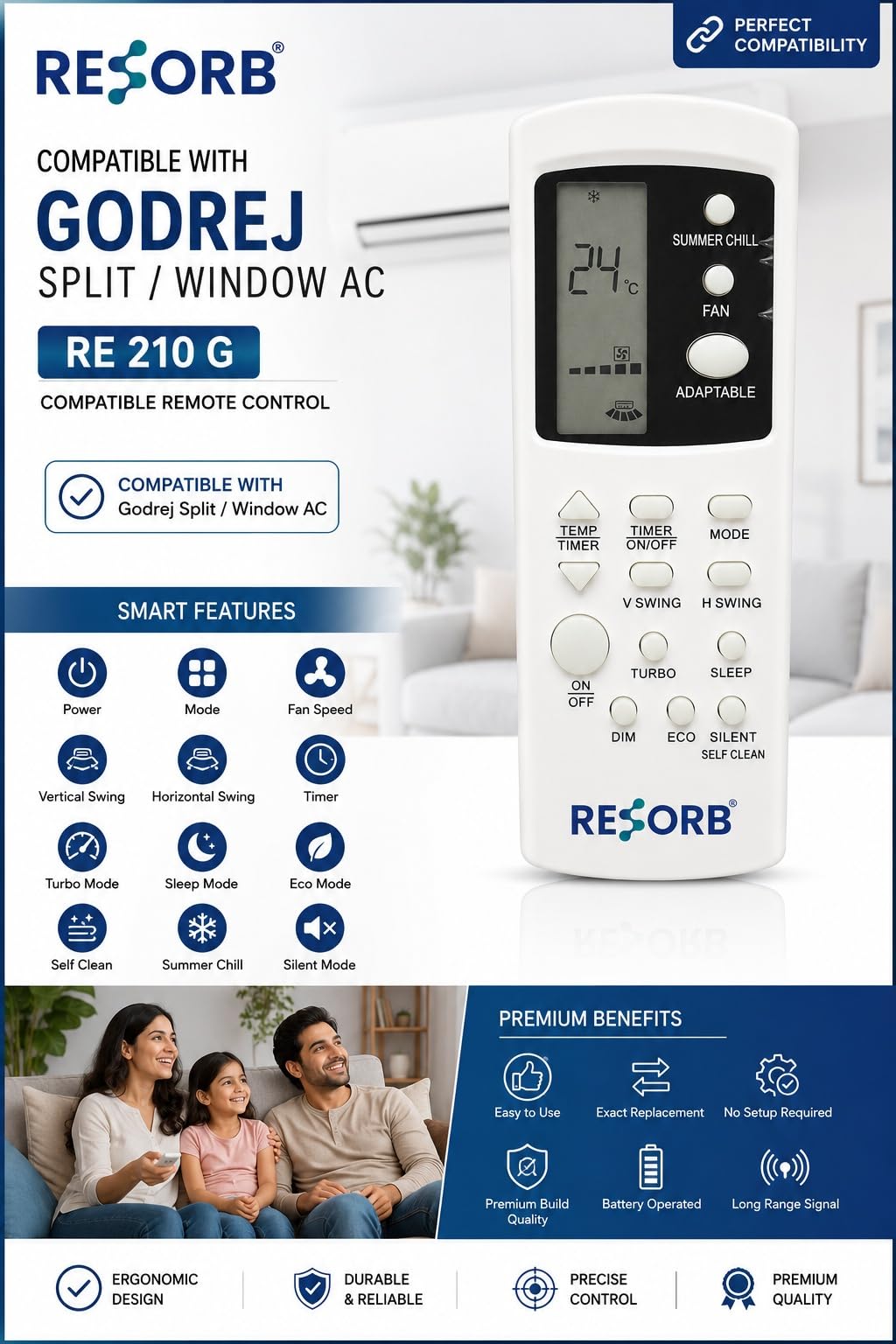 AC Remote Compatible with Godrej Split & Window Air Conditioner, Summer Chill, Turbo, Eco, V Swing, H Swing, Sleep, Self Clean Functions, White, RE 210 G 1