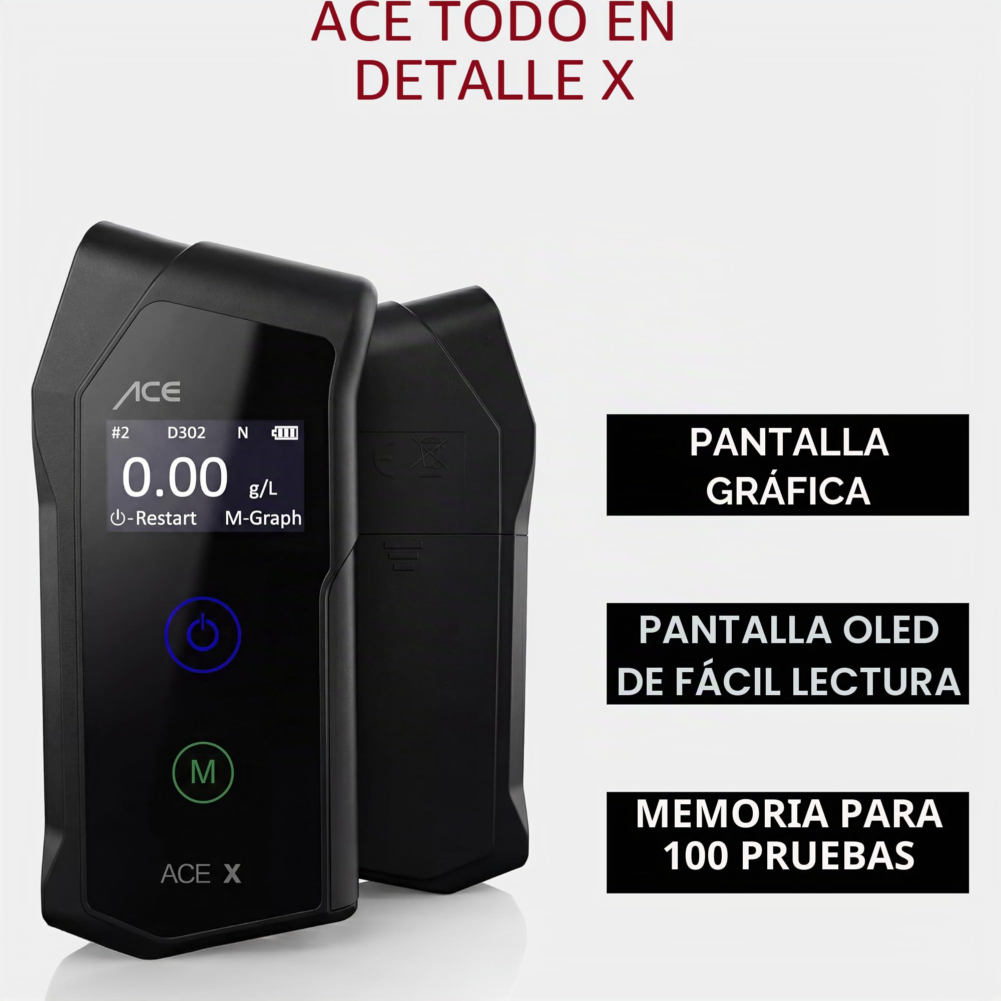 Alcoholímetro Ace X: alcoholímetro con una precisión del 99,1% según la Universidad Técnica de Viena, electroquímico y con precisión policial, alcoholímetro Profesional