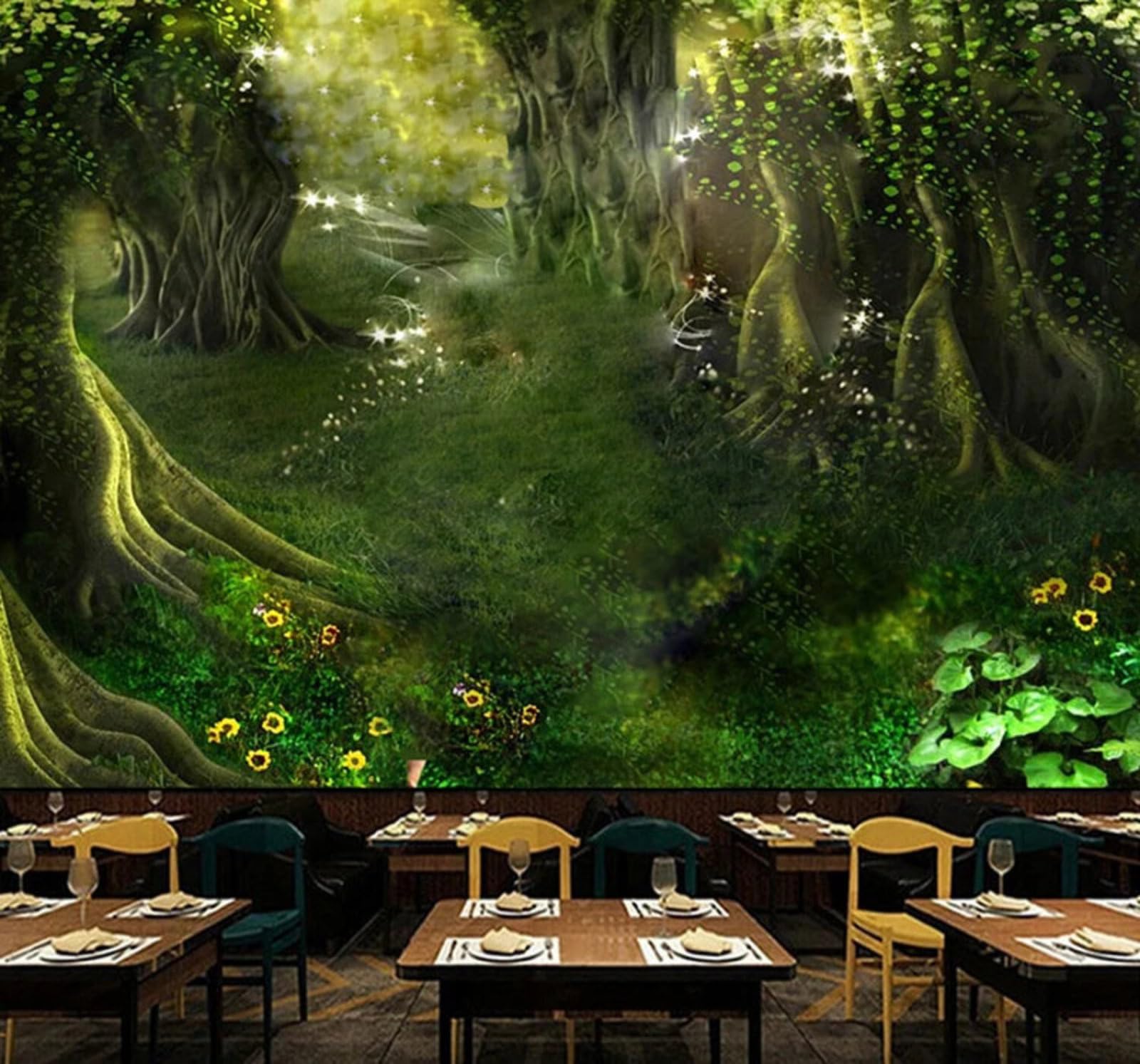 Wallpaper-3D-Xlm 200Cm×140Cm(B×H) Fresh Dreamy Green Forest Fairyland 3D Wallpaper Easy Install Feature Office Living Room Sofa Bedroom Tv Background Wall Decoration-200Cm×140Cm