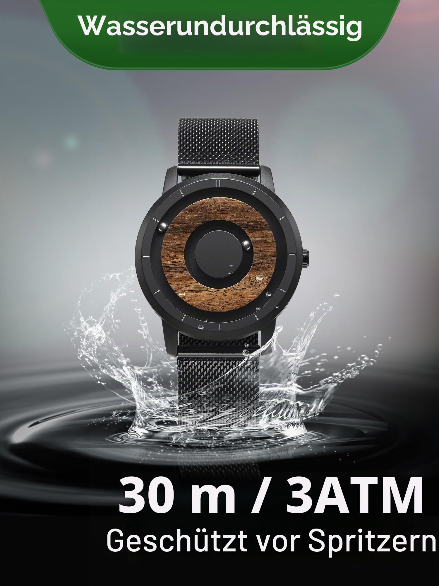EUTOUR Holz Uhr Herren Magnet Uhren Schweiz Quarz 3ATM 40mm Lederband | Kein Glas, Keine Zeiger, Die Zeit wird durch zwei Magnetkugeln angezeigt: äußere Kugel für Minuten, innere für Stunden