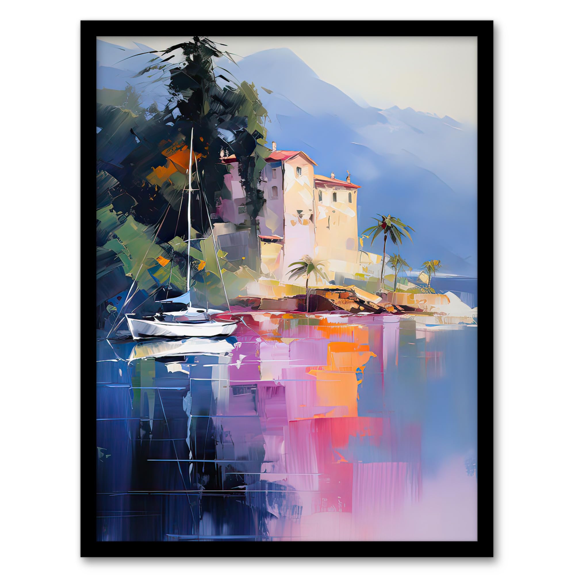 Artery8 Framed 18X24" Sail Boat On Lake Como Colourful Oil Painting Scenic Italian Landscape Artwork Framed Wall Art Print 18X24 Inch