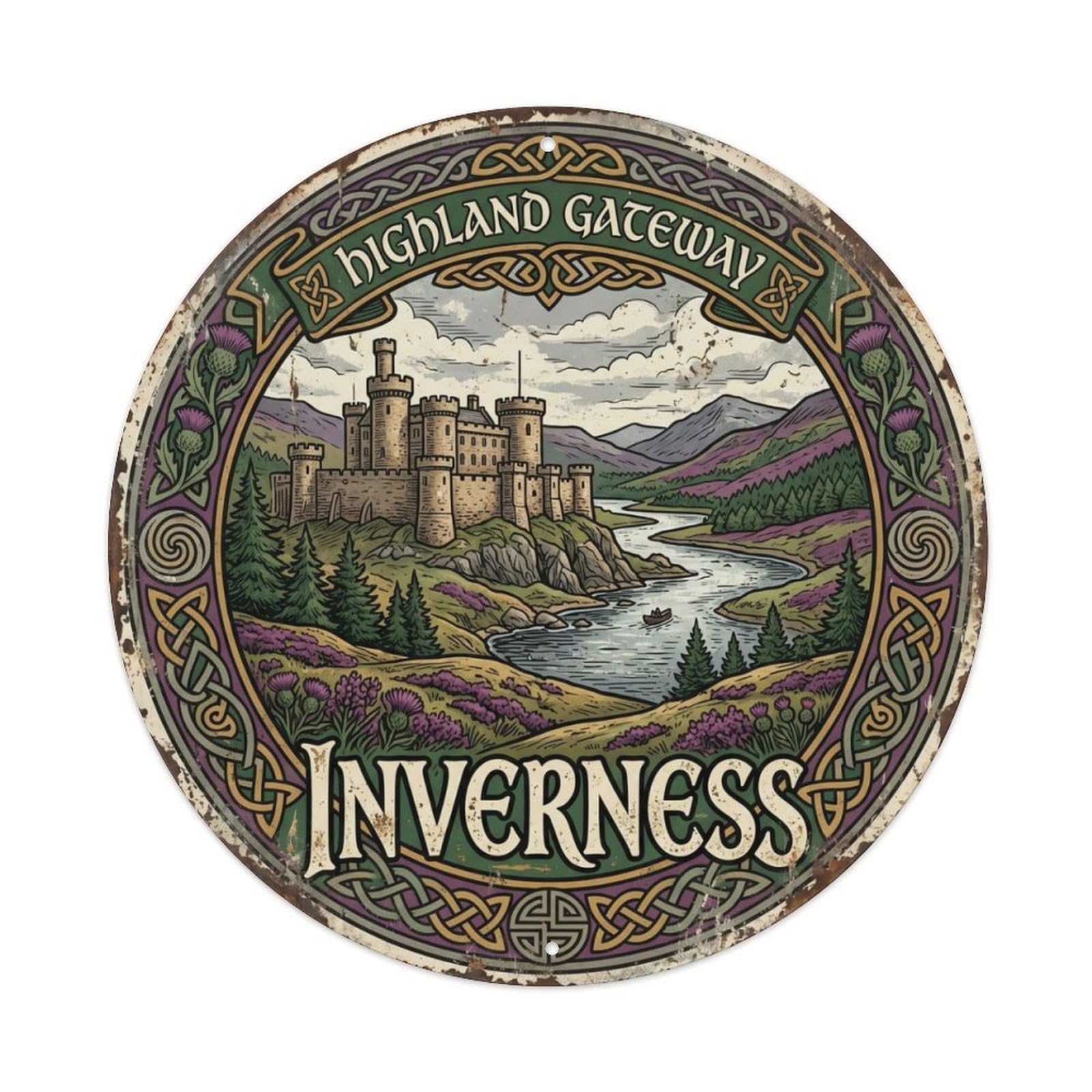 Vintage Travel Inverness Highland Castle Metal Tin Sign Plaque Wall Decor for Cafe, Club Bar, Office, Home Garden Round Metal Poster 8x8Inch