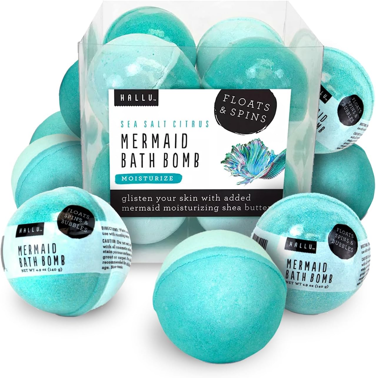 Hallu Mermaid Large Bath Bomb, Citrus Peony and Amber Scent, 140 g, Pack of 8