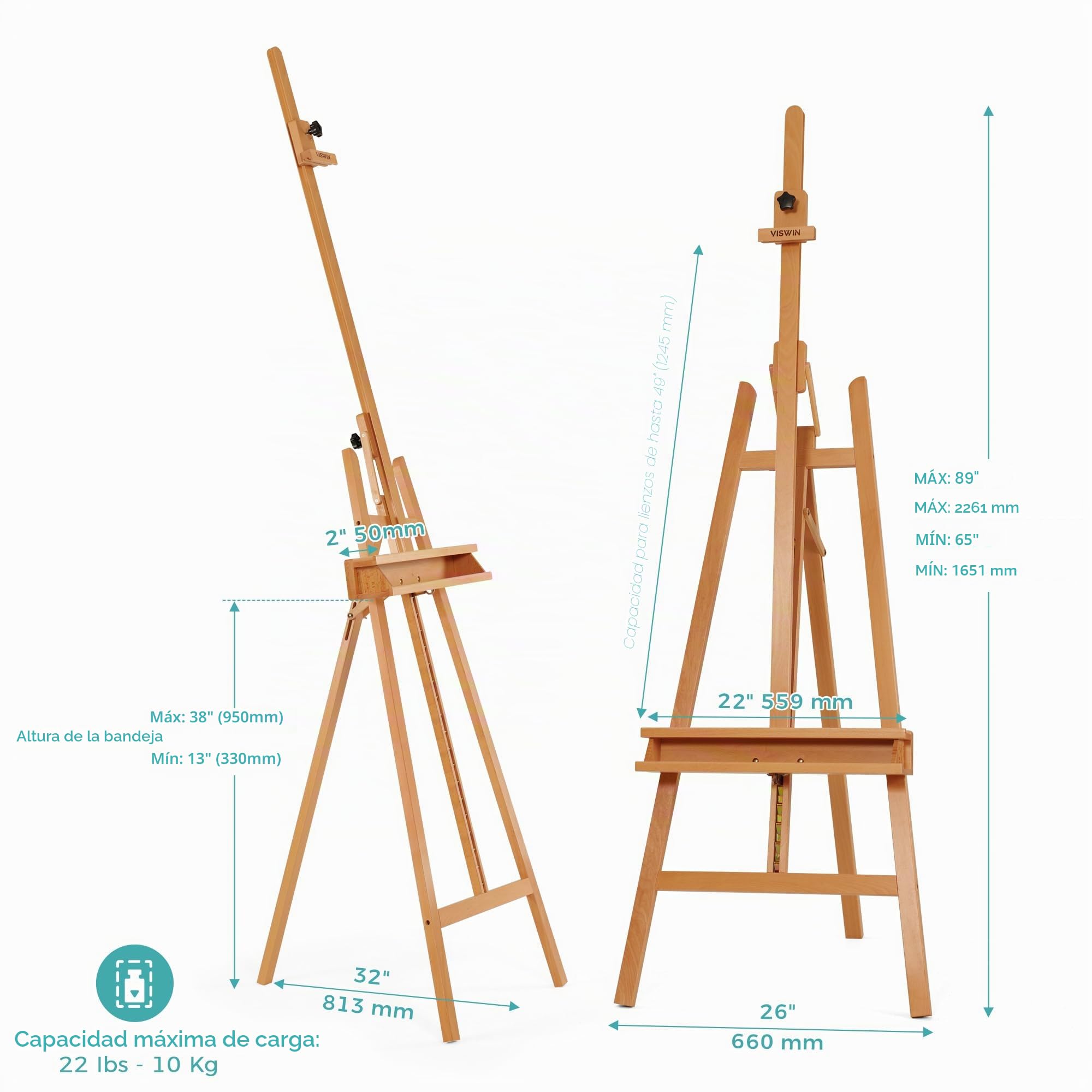 VISWIN Caballete inclinable con marco en A para pintar y exhibir, ajustable de 65 a 89 pulgadas de alto, soporta lienzo de hasta 49 pulgadas, soporte de caballete de madera de haya con bandeja de