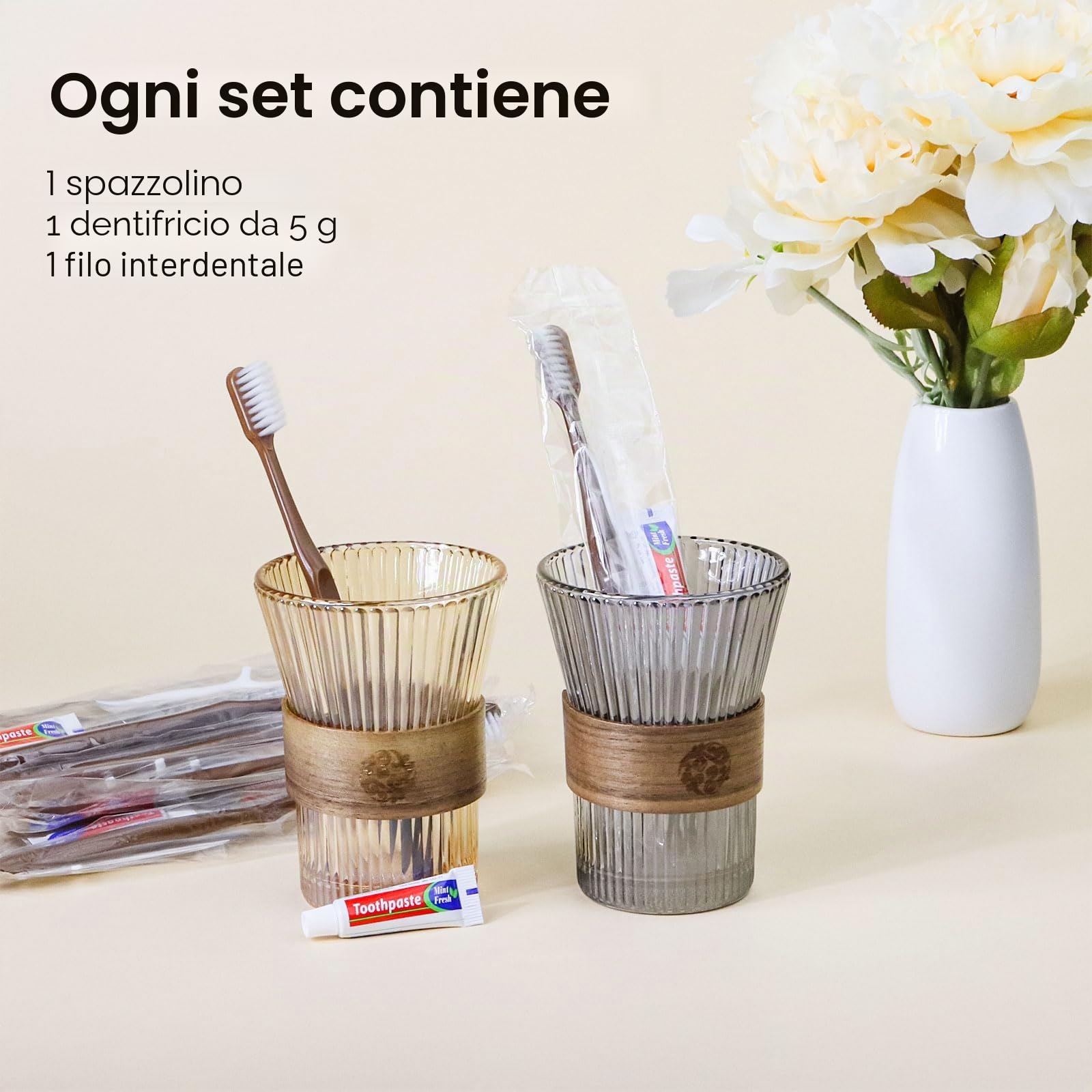 Spazzolino da denti usa e getta da viaggio, spazzolino e dentifricio, confezionato singolarmente, marrone, con plettri per filo interdentale, adatto per hotel, casa, campeggio, viaggi (confezione da