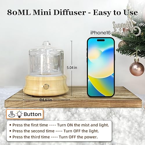 Miniatura 6 de Difusor de aceite esencial de vidrio de 2.7 fl oz con depósito de vidrio y base de madera, pequeños difusores de aroma ultrasónicos con apagado