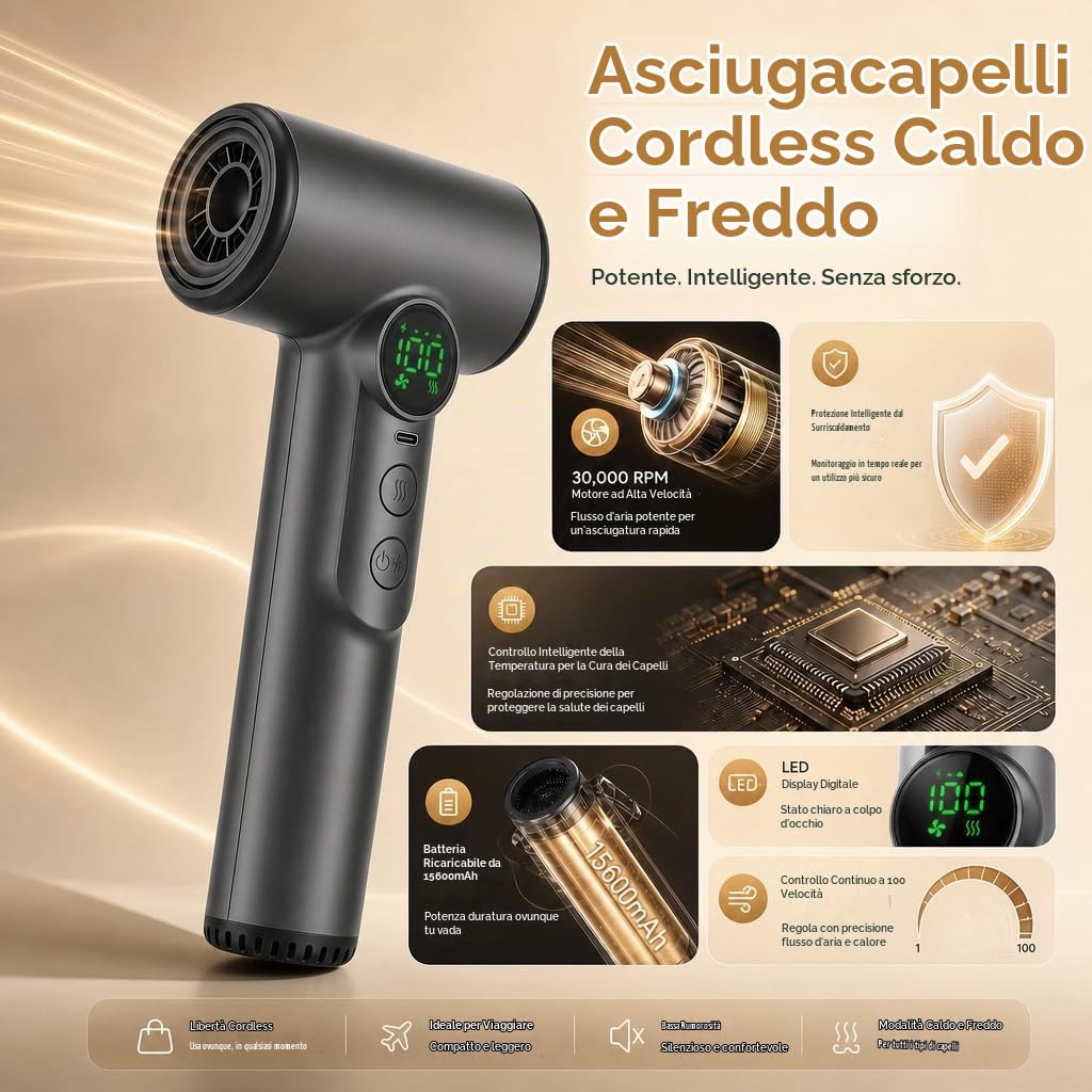 Asciugacapelli da viaggio a batteria, senza fili, 200 W, portatile, con 3 temperature e 3 velocità, 15600 mAh, ricaricabile, con display digitale, per campeggio, viaggi, camper e dormitori