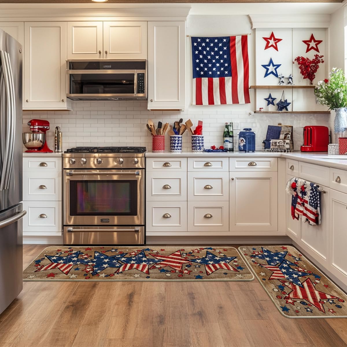 Artoid Mode Brown American Flag Stars 4TH of July Patriotic Kitchen Mats Set of 2, Memorial Day Home Decor Kitchen Rugs for Floor - 17x29 and 17x47 Inch