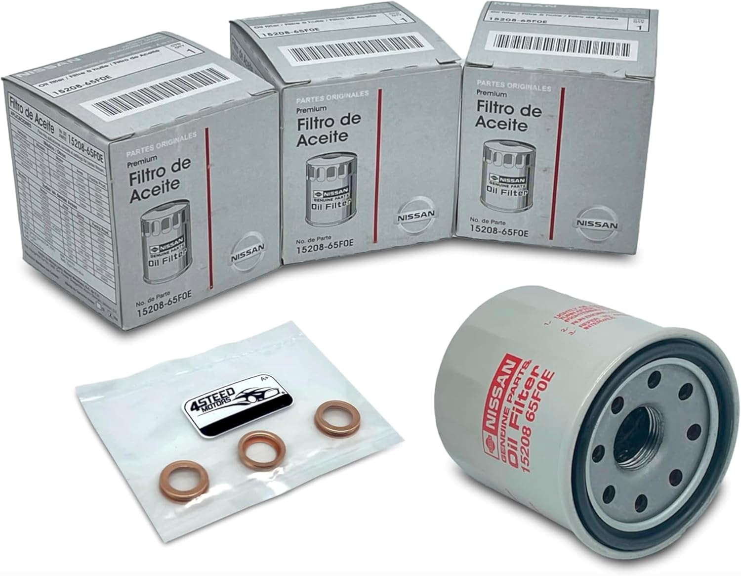 SET 3 PCS NEW Genuine OEM 15208-65F0E Engine Oil Filter + 4STEED MOTORS 11026-JA00A 11026-01m02 Drain Plug Gasket Compatible with Nissan Infiniti - Rogue Frontier Pathfinder Quest Murano Titan Sentra