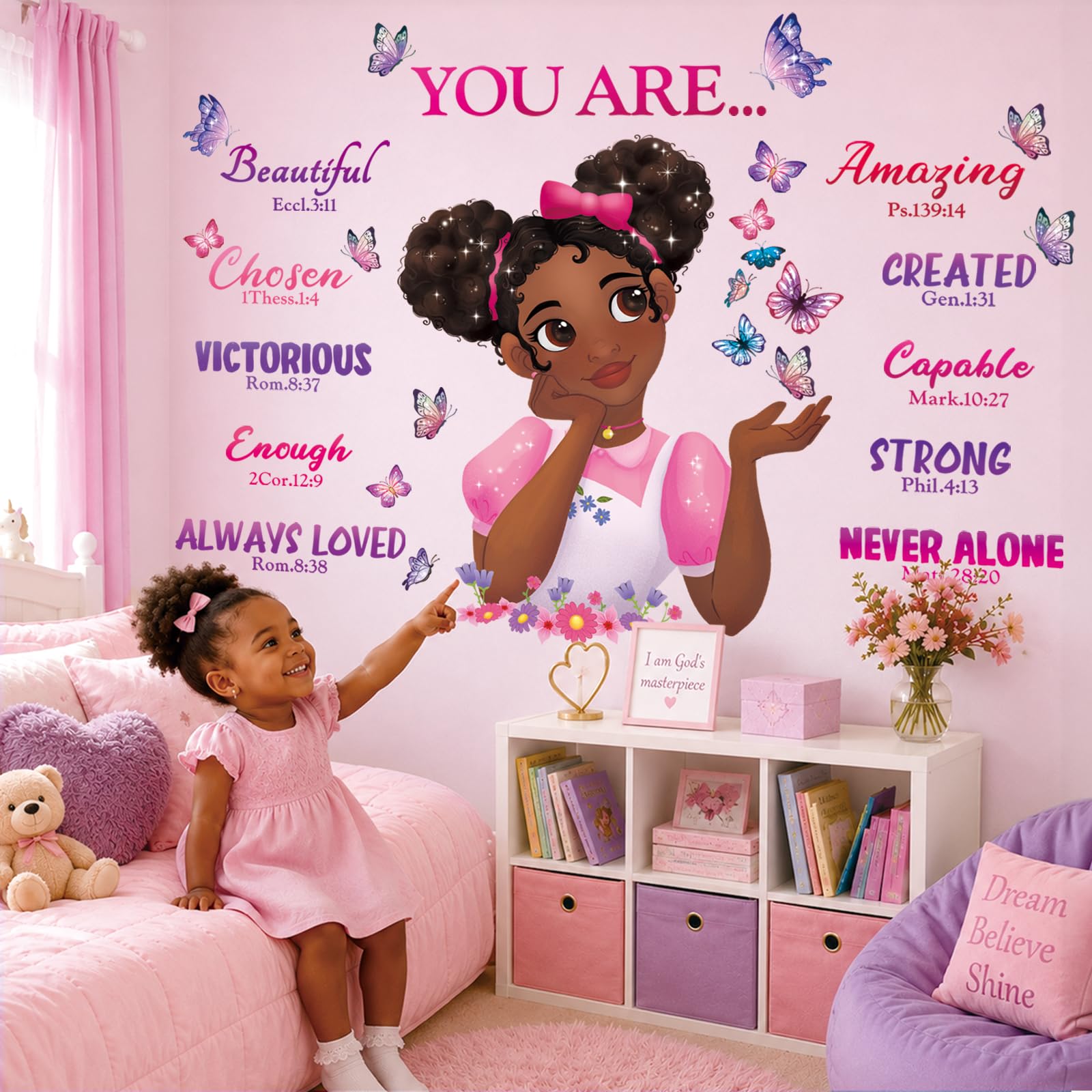 DECOWALL SG2-2315 Black Girl Magic Wall Stickers Decals Girls Bedroom Butterfly Kids Room Art Toddler Decorations Butterflies Baby Nursery Afro Door Wallpaper Pink