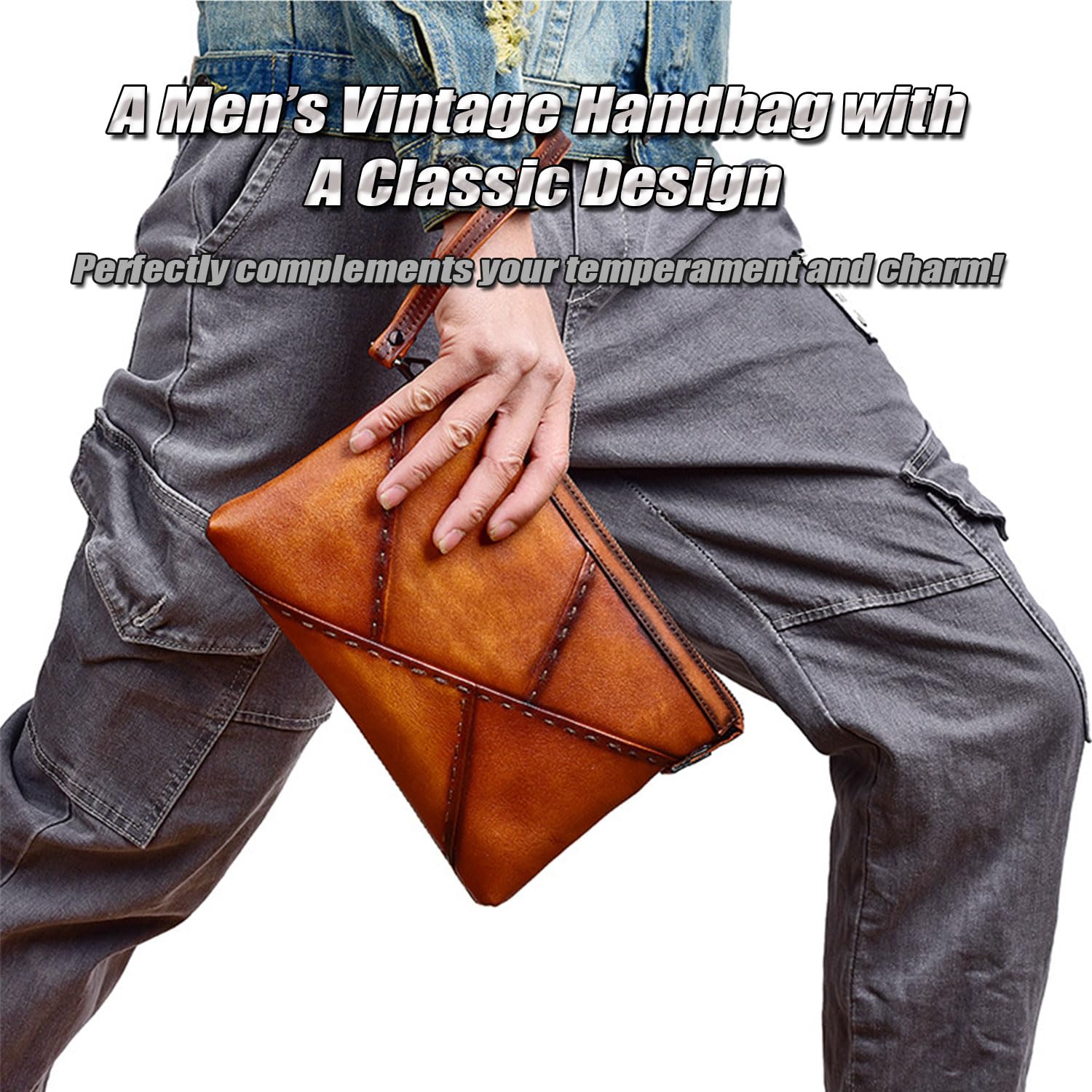 Pochette Grande da Uomo, Borsa a Mano in Pelle Bovina Conciata al Vegetale, Borsellino Business Formale, Borsetta Versatile Moda Portafoglio Documento