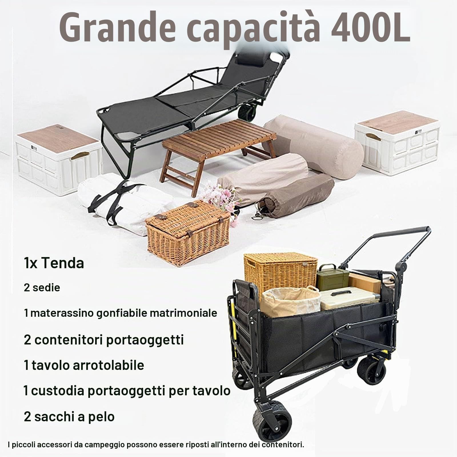 Carrello Pieghevole 2-in-1 & Lettino Solare, Carretto Spiaggia Portatile con Ruote A Tutti I Terreni - per Campeggio, Festival, Shopping, Giardino E Picnic, capacità Max 150kg