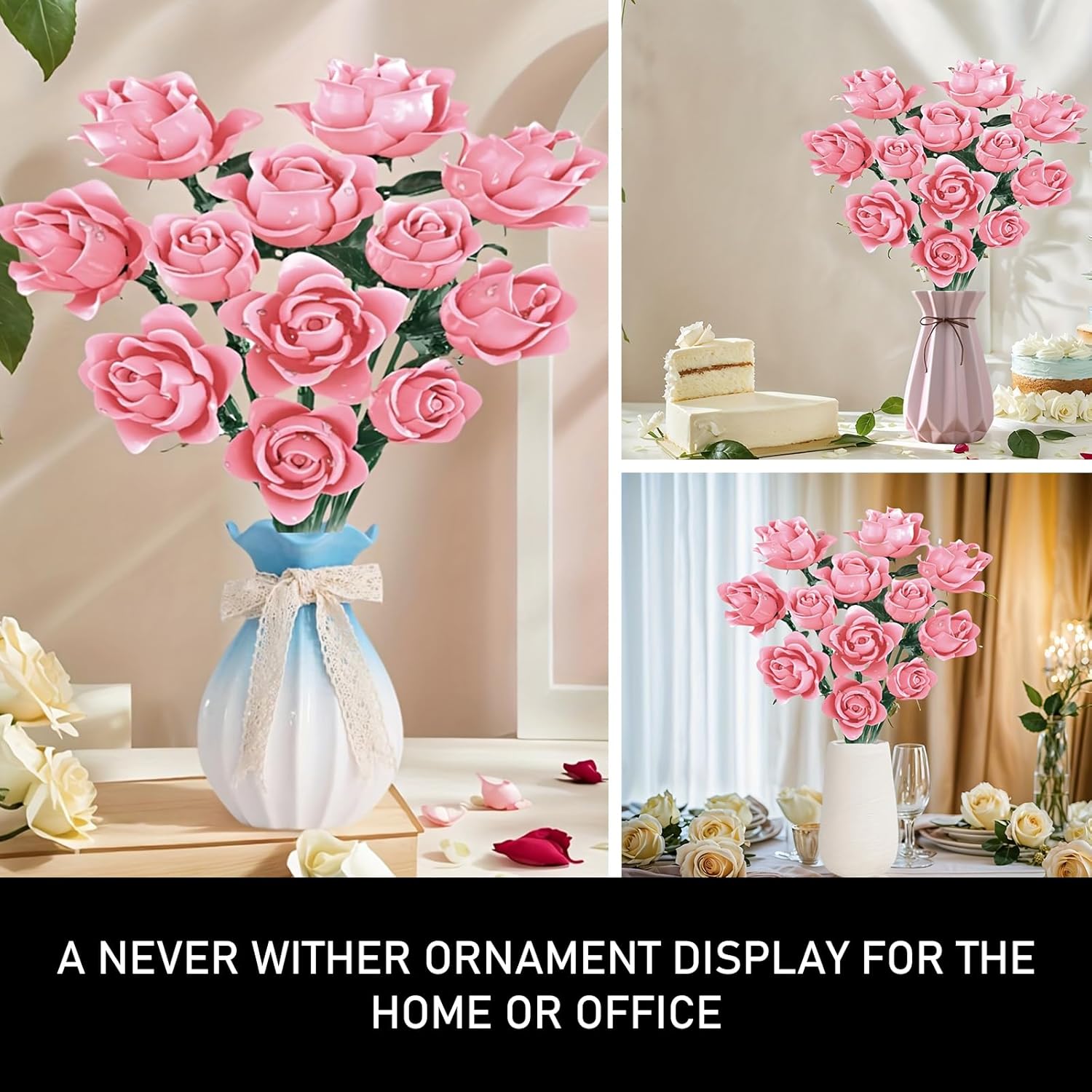 Pink Roses Bouquet Building Set, Pretty Pink Artificial Flowers Blocks Kit for Adults Women Teengirls Lovers - Gift for Mother's Day & Valentines - Botanical Collection Home Decor