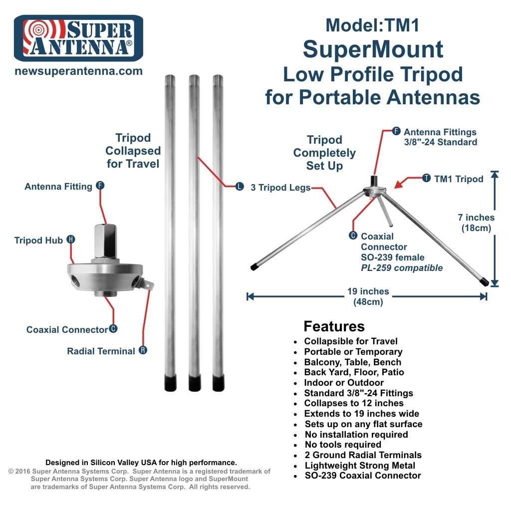 Super Antenna TM1 Low Profile Tripod Portable Antenna Mount for MP1 ham