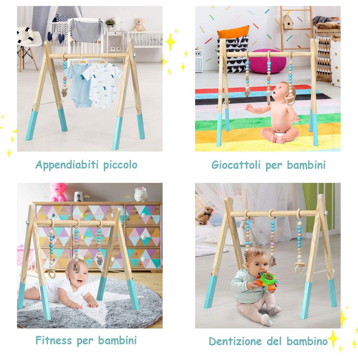 GYMAX Palestrina Legno per Neonati 3+ Mesi Pieghevole, 3 Giocattoli Sensoriali Sospesi, Arco Gioco Giocattolo Attivo per Cameretta, Allenamenti di Corpo, 60 x 44 x 60 cm (Verde)