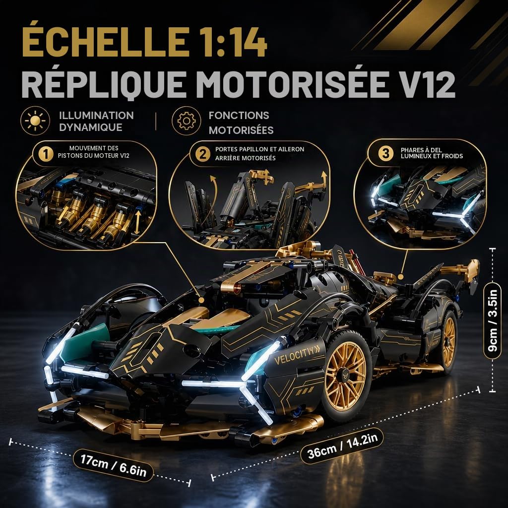 Voiture RC Lamborghini V12 975 Briques 1:14 – Kit Construction Adulte 2.4GHz App LED | Maquette Voiture Télécommandée Cadeau Garçon 10-12 Ans STEM