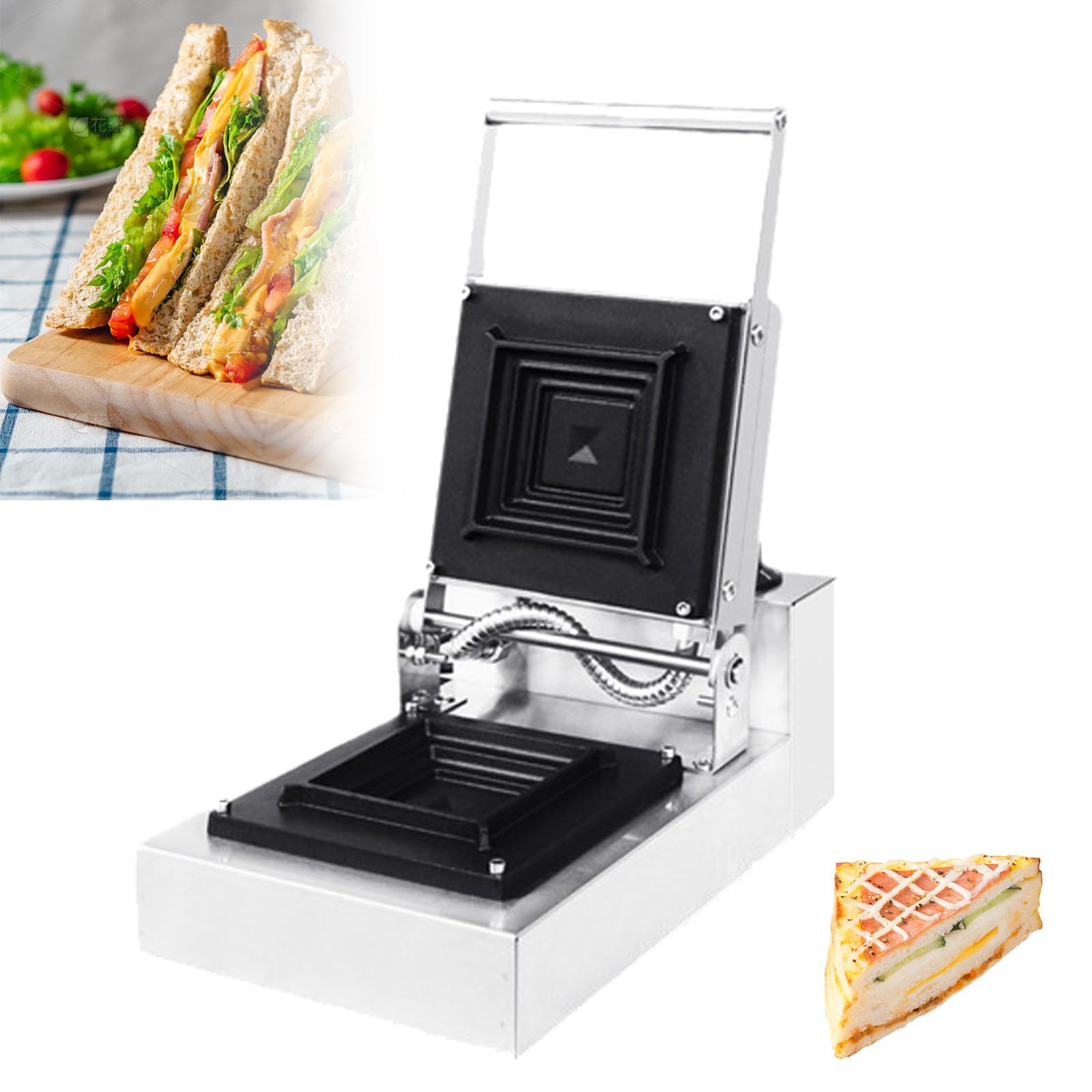 Sandwichera Eléctrica De Acero Inoxidable, Gofrera Eléctrica Antiadherente con Mango 900 W para Hamburguesas, Panini, Panaderías, Restaurantes, Quioscos, Cantinas,A