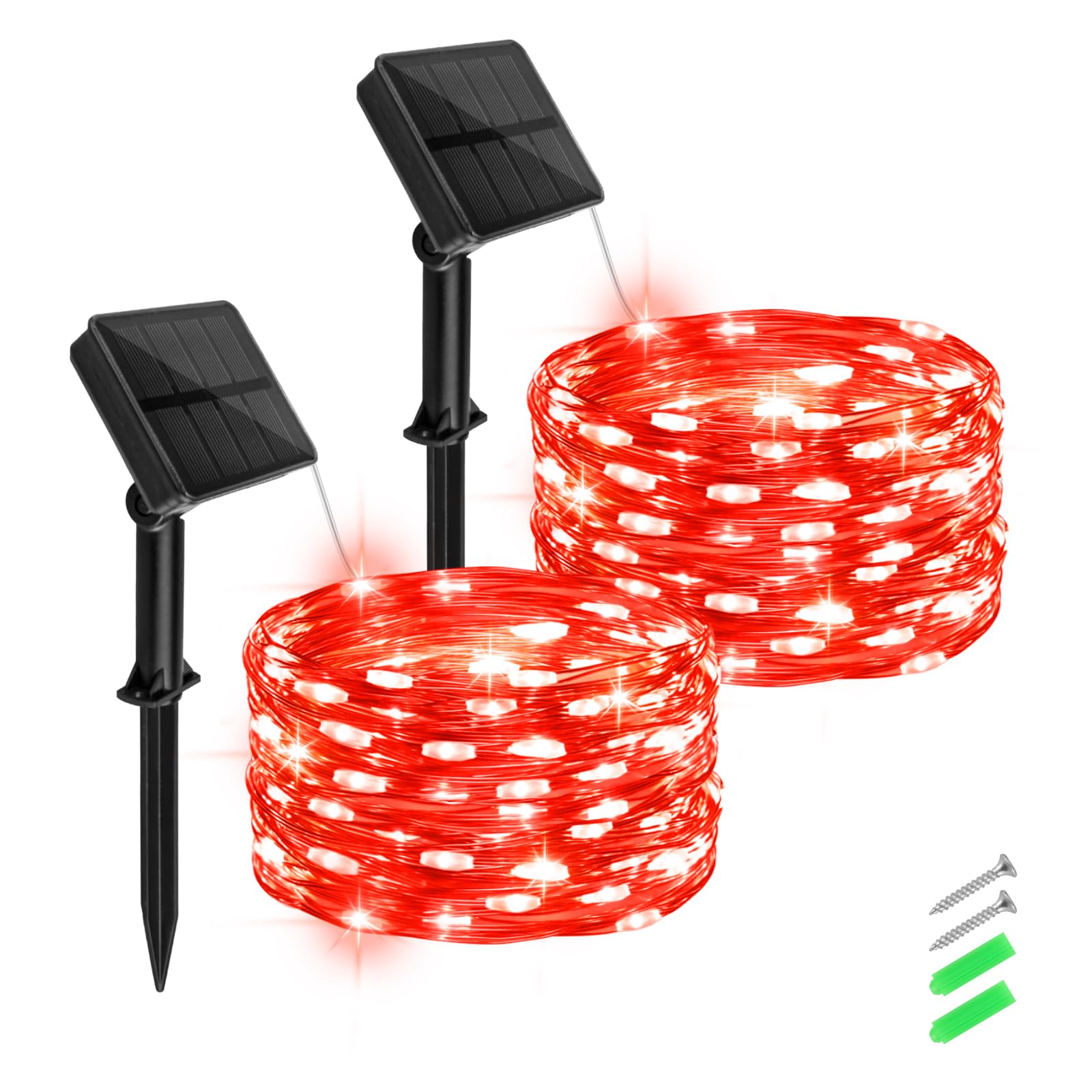 Solar Fairy Lights Outdoor, 16.4ft 50LED Red String Lights with 8 Modes, 2 Pack for Patio & Garden Decorations