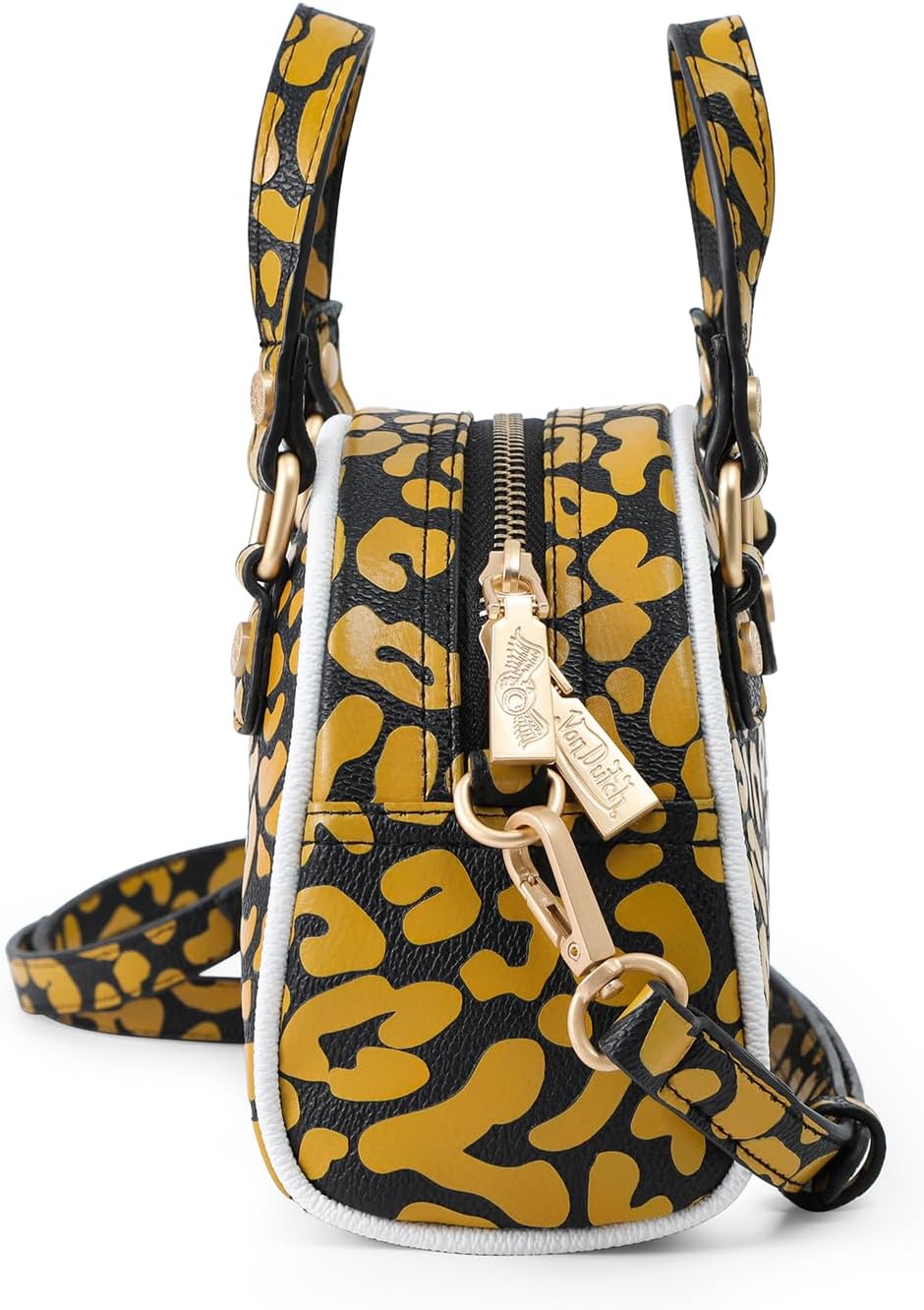 Von Dutch Mini Bowling Bag Cheetah Print | 6.8” Vegan Leather Crossbody with Logo Hardware, Top Handles & Zipper Pouch